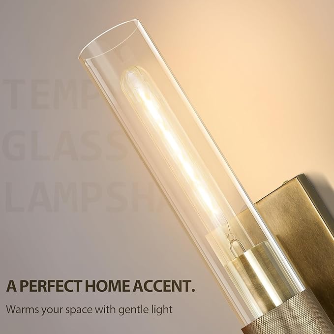 Brass Wall Sconces, Bathroom Wall Sconce, 22.8" Gold Wall Sconces, 2-Light Dimmable Wall Sconce, Sconces Wall Lighting with Glass, Vanity Light Tube Sconce for Bedroom Living Room, Hallway