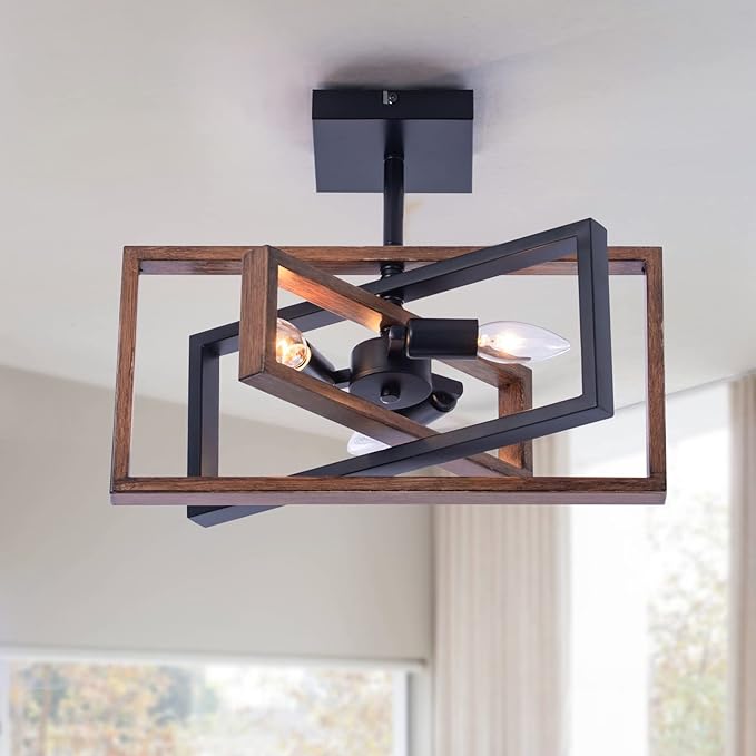 Industrial Rectangle Flush Mount Ceiling Light,Rotatable Metal Frame,Rustic Retro Vintage Farmhouse Light Fixture for Dining Living Room Bedroom Passway Kitchen Hallway Entryway,Faux-Wood Color Finish