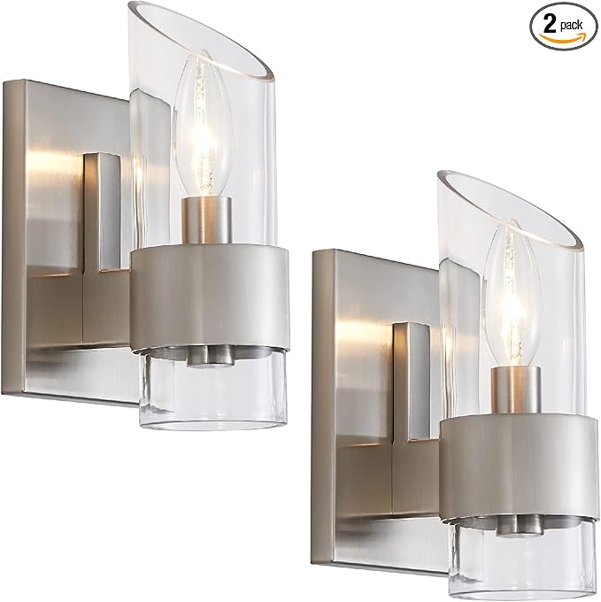 WUZUPS Set of 2 1-Light Bathroom Wall Light Fixture Over Mirror Class Shade Morden Vanity Scones for Bathroom Bedroom Living Room, E12 Base, Brushed Nickel
