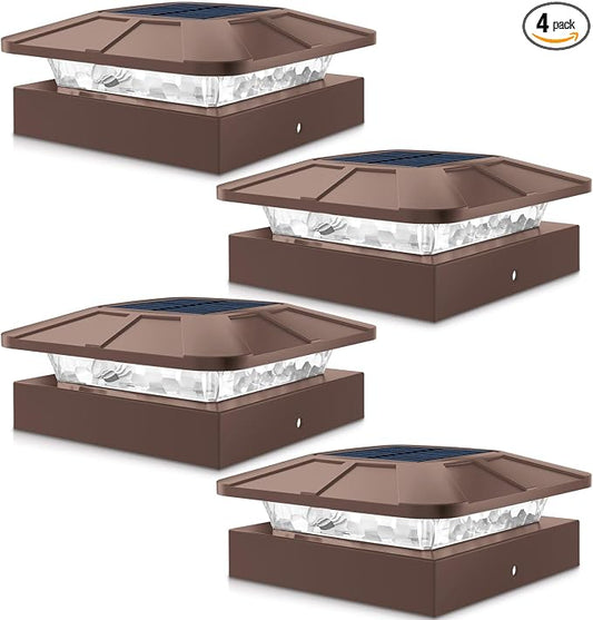Peasur 4x4 Solar Post Cap Lights Outdoor with 3 Lighting Modes, 4 Packs Brown Fence Caps Light Fits 4×4/3.5×3.5 Wood/Vinyl Posts, Waterproof Post Top Lighting for Deck Mailbox Porch Railing
