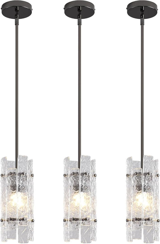 Pearl Black Crystal Pendant Light for Kitchen Island, Luxury Mini Water Ripple Glass Chandelier Fixture, Modern round Adjustable Hanging Pendant Lighting for Dining Room Bathroom Hallway (3-Pack)