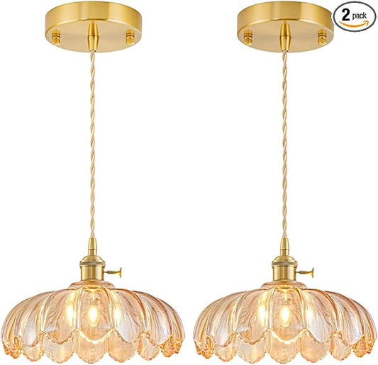 2 Pack Glass Pendant Lights Kitchen Island, Vintage Brass Pendant Light Fixtures, Adjustable Amber Kitchen Pendant Lighting Over Island for Bedroom Living Room Hallway Dining Room
