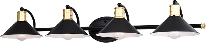 VAXCEL Akron 4-Light 38 inch Wide Matte Black and Natural Brass Industrial Bathroom Vanity Lighting Fixture, Metal Shade, Dimmable, LED Compatible, Over The Mirror Mounted Steel Wall Sconce