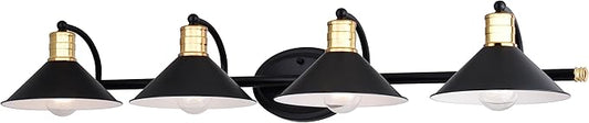 VAXCEL Akron 4-Light 38 inch Wide Matte Black and Natural Brass Industrial Bathroom Vanity Lighting Fixture, Metal Shade, Dimmable, LED Compatible, Over The Mirror Mounted Steel Wall Sconce