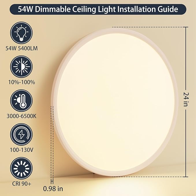 24 Inch Dimmable Ceiling Light Flush Mount 54W Remote Control LED Fixture 5400LM 3000K-6500K Adjustable Round Bright Lamp for Bedroom Kitchen Living Room Dining Bathroom White