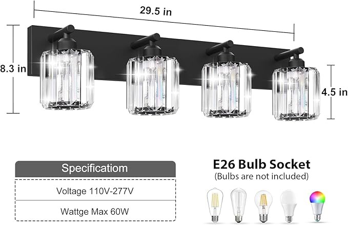 Black Crystal Bathroom Vanity Light, 4-Light Modern Bathroom Lighting Fixtures Over Mirror, Matte Black Wall Sconce Light Fixtures with Round Shade