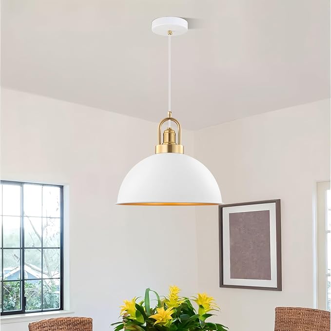 Modern Large Pendant Light 13.8 inch, White Dome Metal Shade with Brass Accent, Minimalist Chandelier for Kitchen Island, Dining Room