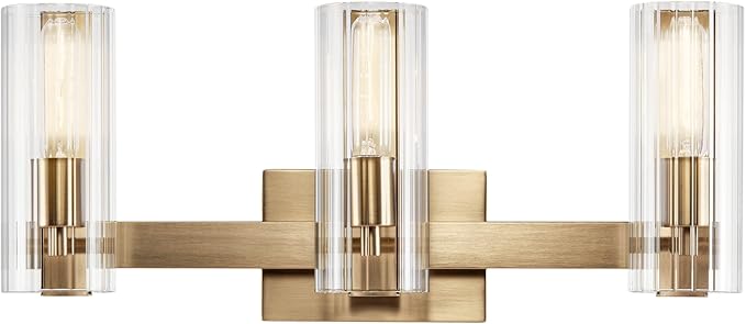 Kichler Jemsa 3-Light Bathroom Vanity Light Fixture with Clear Fluted Glass in Champagne Bronze for Modern Bathroom or Powder Room Wall Lighting (9.75 x 22.75 in), 55168CPZ