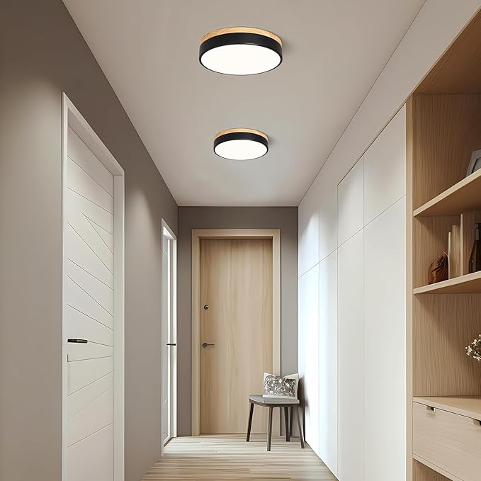 Modern Dimmable Wood Ceiling Light, Black Round LED Flush Mount Ceiling Lighting Fixtures, Minimalist Ceiling Lamp for Kitchen Bedroom Laundry Room Living Room Entryway Hallway&11.81 in