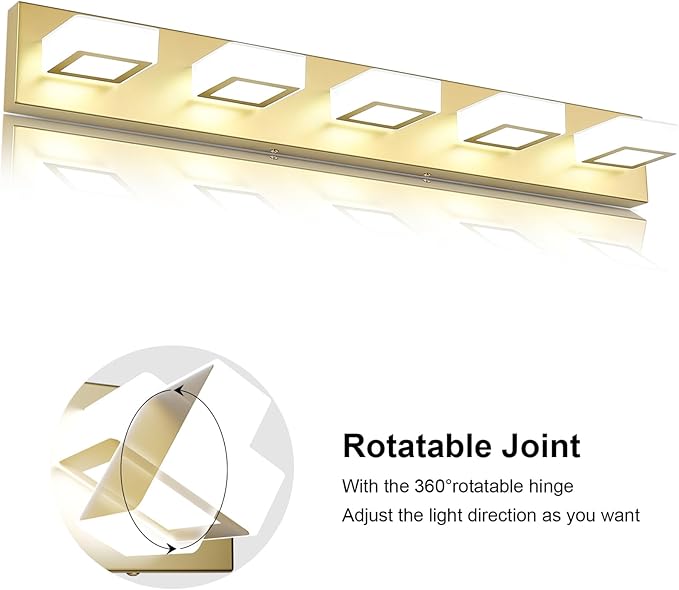 Ralbay Modern LED Gold Bathroom Vanity Lights 5 Lights LED Modern Gold Vanity Lights Over Mirror Fixture Acrylic Gold Vanity Wall Light (White Light 6000K), 33.5 inch, 8590-gold-silver