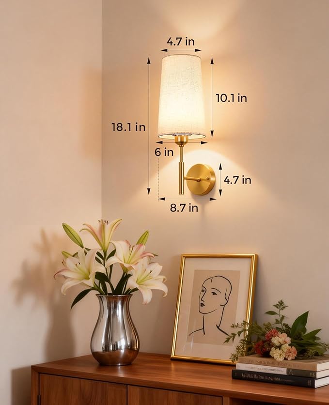 Battery Operated Wall Sconce Set of Two, Gold Rechargeable Wall Sconce, 13000mAh Wireless Wall Sconce with Remote, No Wire Dimmable Wall Lamp/Light for Bedroom, Beige Linen Fabric