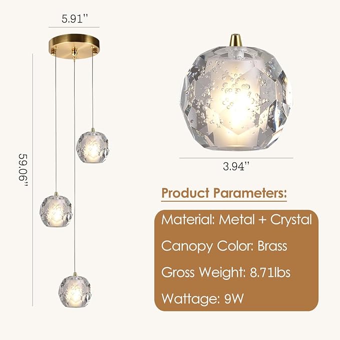 3 Lights Pendant Lighting, Bubble Crystal Pendant Light Fixture Brushed Brass for Dining Room, Modern Cluster Pendant Island Hanging Light for Kitchen