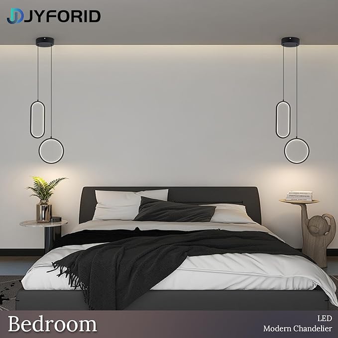 Black Modern Mini LED Pendant Light with Remote Control, 2 Ring 24W 3-Color Temp Stepless Dimmable Ceiling Hanging Light for Bedroom Kitchen Island Dining Room Foyer Entryway