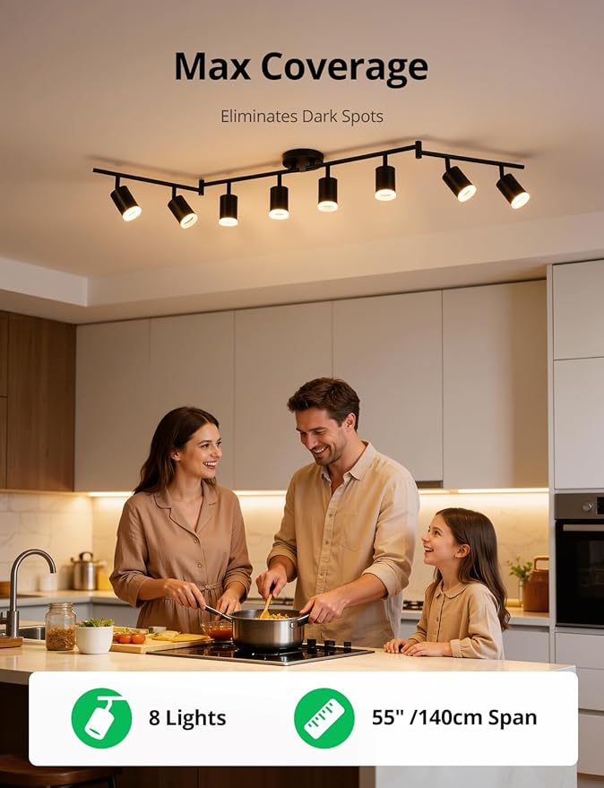 Bojim 8-Light Ceiling Track Lighting Fixtures for Kitchen, Black Modern Led Track Light for Living Room & Closet, 4.6 ft Long Flexible Adjustable Arms, GU10, Bulbs Not Included