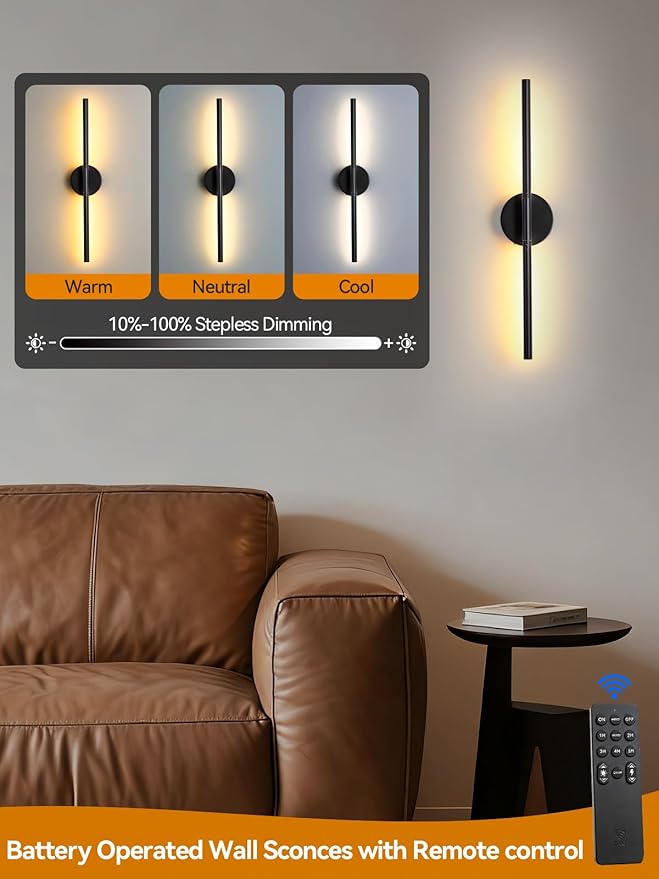 Battery Operated Wall Sconces Set of 2, Rechargeable LED Wall Lights with Remote & Touch Control, 350° Rotatable, 30 Inch Black Dimmable & Timer Modern Wireless Wall Lamps for Bedroom Living Room