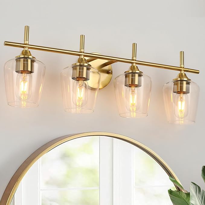 Bathroom Light Fixtures 4-Light Brushed Nickel Bathroom Vanity Light with Clear Glass Shade, Modern Wall Lights for Bedroom Hallway Living Room (Gold, 4-Light)