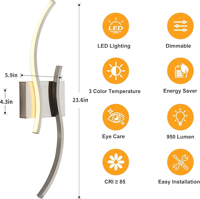 KARTOOSH 2 Pack Brushed Nickel Bathroom Vanity Lights Fixtures Over Mirror Hardwired 3CCT Dimmable Modern Wall Lights for Mirror Kitchen Living Room Cabinet Porch Hallway, 23.6 Inch
