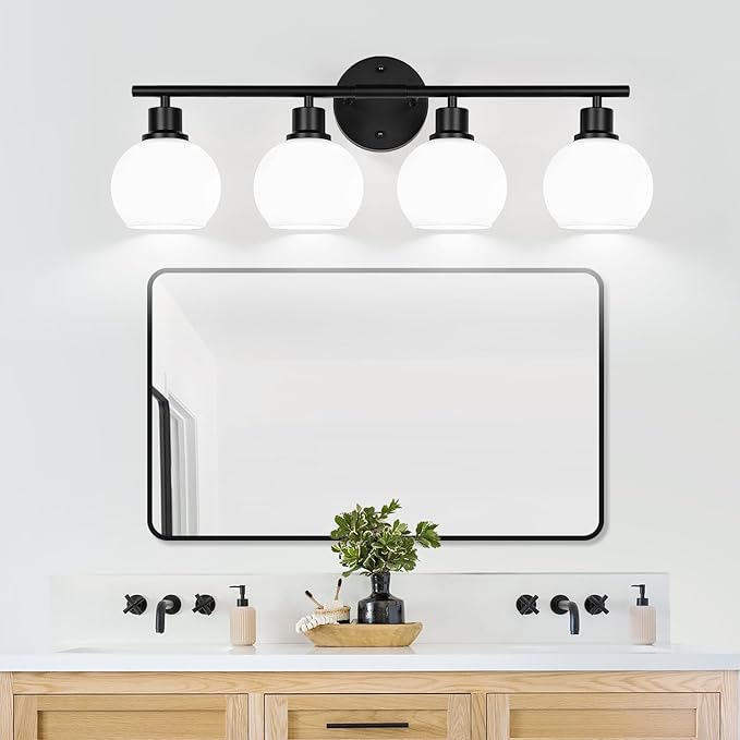Indoi 4-Light Bathroom Light Fixtures, Black Bathroom Lights Over Mirror with Milky White Frosted Glass Globe Shade, Vanity Lights for Bathroom Kitchen Living Room Hallway Cabinet Bedroom Porch