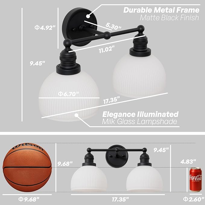 2-Light Wall Sconces,Black Double Bathroom Vanity Light with Milk Glass Minimalist Farmhouse Wall Sconce Light Lamp for Bathroom Mirror Living Room Bedroom Kitchen E26 Hardwire Indoor