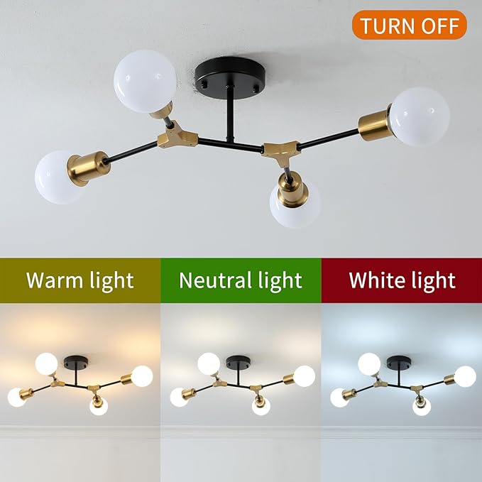 Modern Semi Flush Mount Ceiling Light,Mid Century 4 Light Lighting Fixture for Dining Room Bedroom Kitchen Foyer Entryway Hallway,Metal Gold and Black Sputnik Chandelier