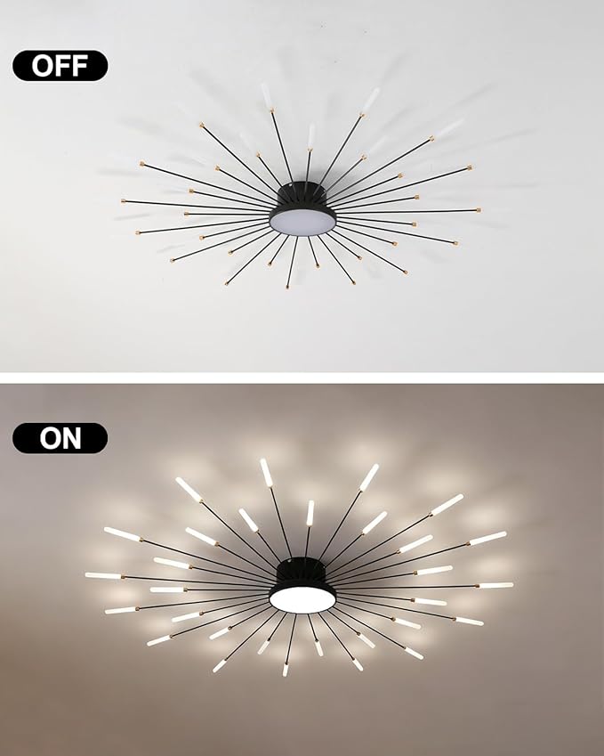 30 Lights Led Ceiling Light, 51 Inch Modern Semi-Recessed Chandelier, Black Indoor Lighting for Living Room Bedroom Kitchen Dining Room, 42W Fireworks Decorative Ceiling Light Close To The Ceiling