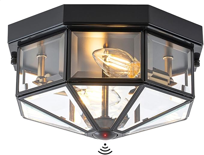 Outdoor Ceiling Light with Motion Sensor, 2-Light Copper Flush Mount Porch Light, Octagonal Outdoor Flush Mount Ceiling Light, Black Exterior Lighting Fixtures for Porch Patio Entryway