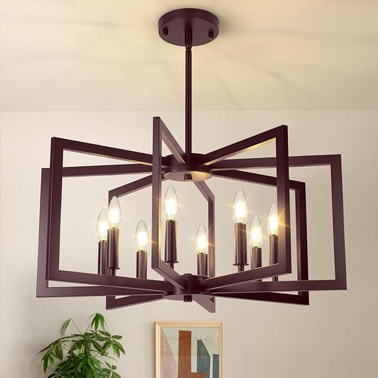 8-Light Oil-Rubbed Bronze Chandelier, Farmhouse Dining Room Light Fixture, Modern Chandelier, Geometric Industrial Metal Hang Lighting Fixture for Foyer Entryway Kitchen Over Table Hallway Living Room