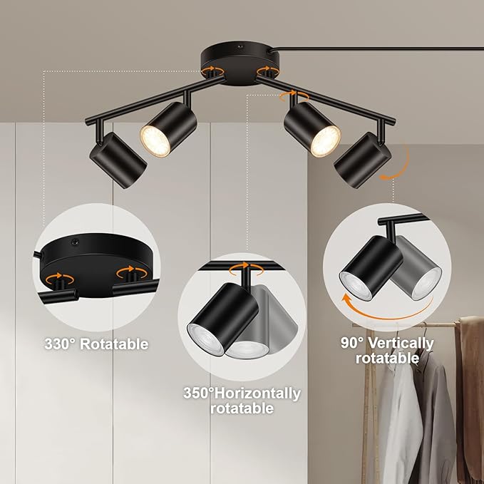 Plug in Track Lighting LED, Track Lighting Fixtures Ceiling, Black 4-Light Kitchen Light Kit, Plug in Wall Light with 14.8ft Power Cord, Rotatable Ceiling Spotlight for Bedroom(GU10 Socket, NO Bulb)
