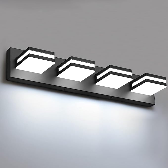 IZORRO LED Modern Bathroom Lights Fixtures(4-Light,Dimmable,360°Rotate),Matte Black Acrylic Wall Lighting,Vanity Lights for Bathroom Over Mirror - 6000k 24In （No Assembly Required）