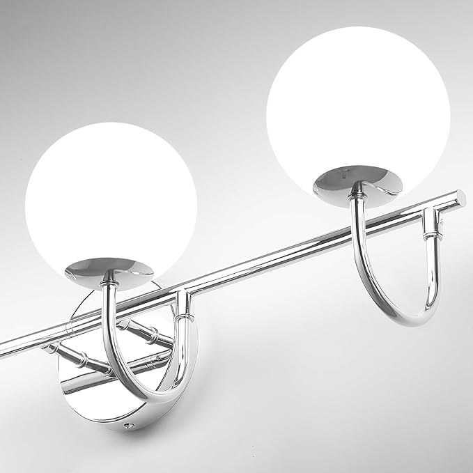 Chrome Mid Century Modern 4-Light Bathroom Light Fixtures Over Mirror, Vanity Wall Sconces With Globe Frosted Milk Glass