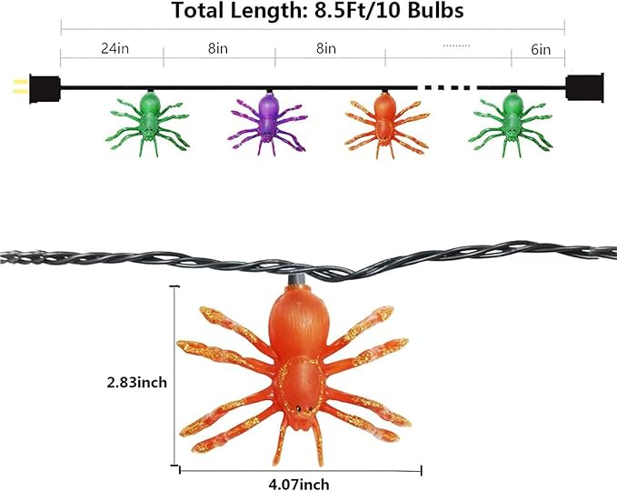 SUNSGNE Halloween Spider String Lights, 8.5Ft Halloween String Light with 10 Spider Lights for Party, Curtain, House, Garden, Yard Decor