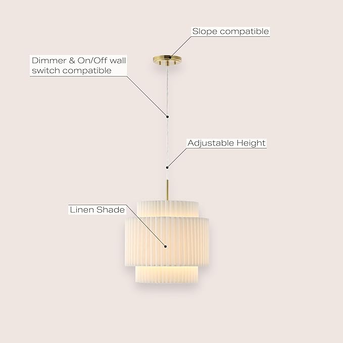 JONATHAN Y 14.5" Brass Gold and White 1-Light Iron Pendant Light, Vintage Mid-Century Modern with Pleated Linen Shade, Adjustable Height for Kitchen, LED Bulb Included JYL2408A