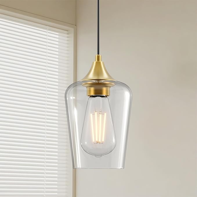 Ralbay Farmhouse Brushed Gold Pendant Light 2-Pack, Pendant Light Fixtures with Wine Clear Glass Shade, Kitchen Island Lighting for Dining Room, Rustic Adjustable Hanging Lighting Fixture