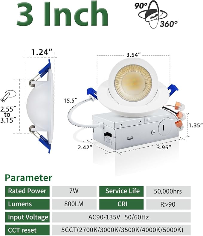 zouzai 3 Inch 5CCT Gimbal Led Recessed Lighting with Junction Box, 2700K/3000K/3500K/4000K/5000K Selectable, 7W Eqv 80W, 360°+90° Adjustable Recessed Lights, 800LM Brightness - ETL (White, 6 Pack)