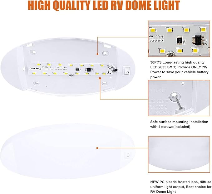 Facon 12V Bright RV LED Interior Light with Switch, Length: 9-1/4'', DDS01-608, Oval Pancake Ceiling Light Surface Mount, for RVS, Camper, Boat, Tiny Homes, cETL Certified