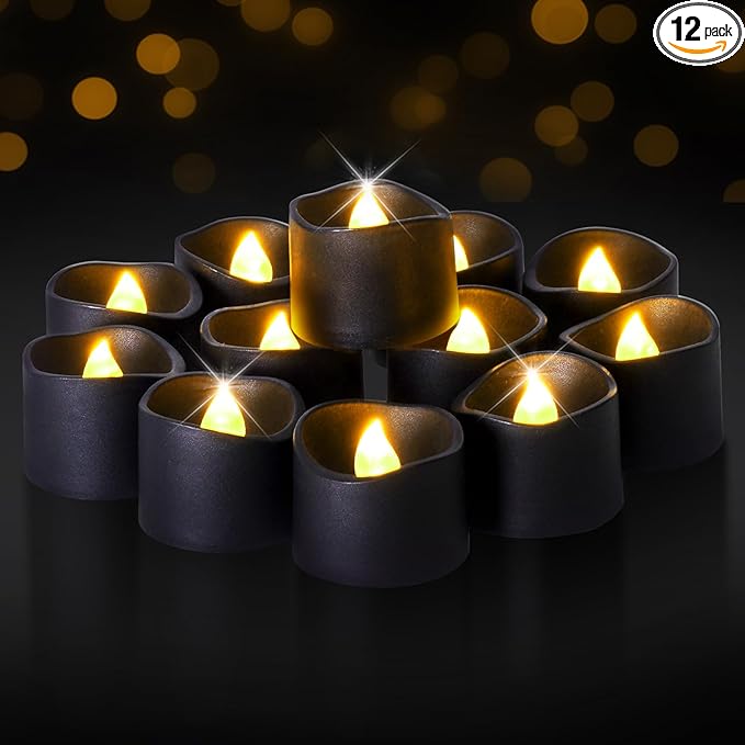 Raycare Black Battery Operated Tea Lights, 200+Hour Electric Flickering Flameless Candles, Realistic Votive LED Tea Lights for Wedding Party Table Christmas Halloween Decorations, 12 Pack