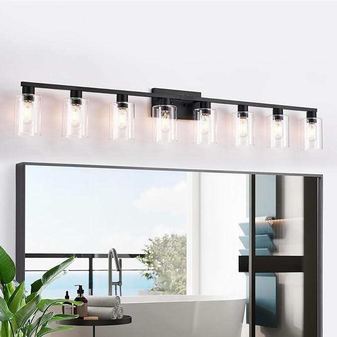 8-Light Black Vanity Light Fixtures,50" Bathroom Light Fixtures Clear Glass ShadeRust and Moisture Resistant Easy to Install Vanity Lights for Luxury Bathroom Light Over Mirror