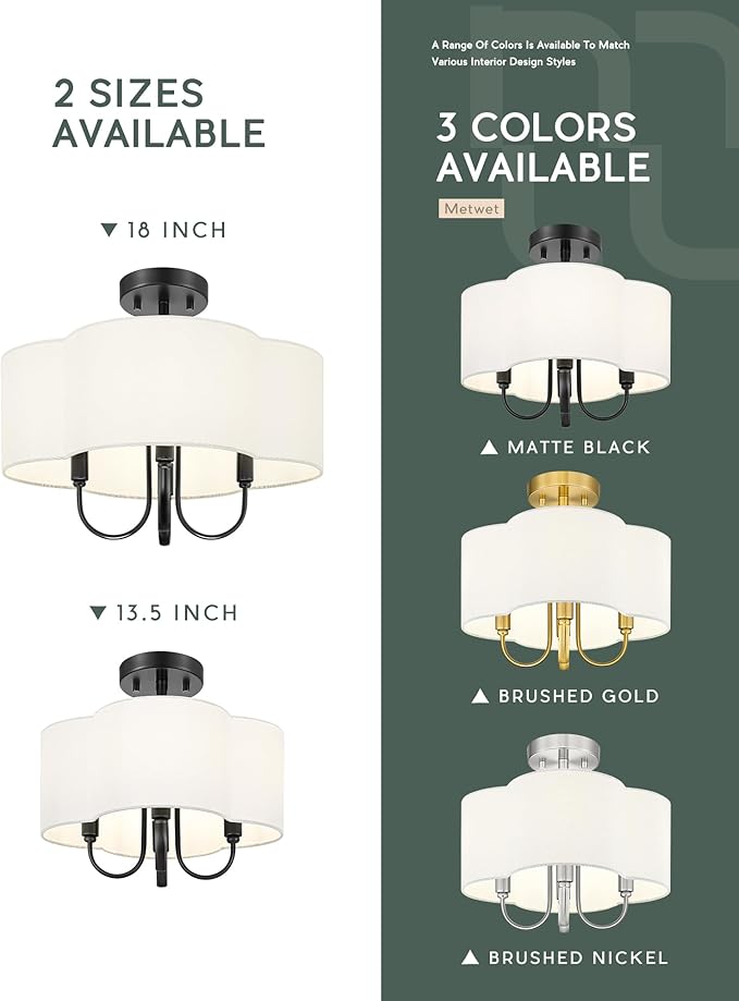 18" Semi Flush Mount Ceiling Light, 4-Light Vintage Light Fixtures Ceiling Mount with Fabric Shade in Quatrefoil for Kitchen Nursery Entryway Hallway Bedroom, Matte Black, SM179-MB-L