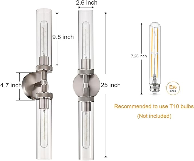 Vanity Lights for Bathroom,Knurled Texture 2-Light Brushed Nickel Wall Sconce,Clear Glass Vanity Mirror Lights,Modern Hardwired Chrome Bathroom Light Fixtures,Large Wall Lamps for Living Room,Bedroom