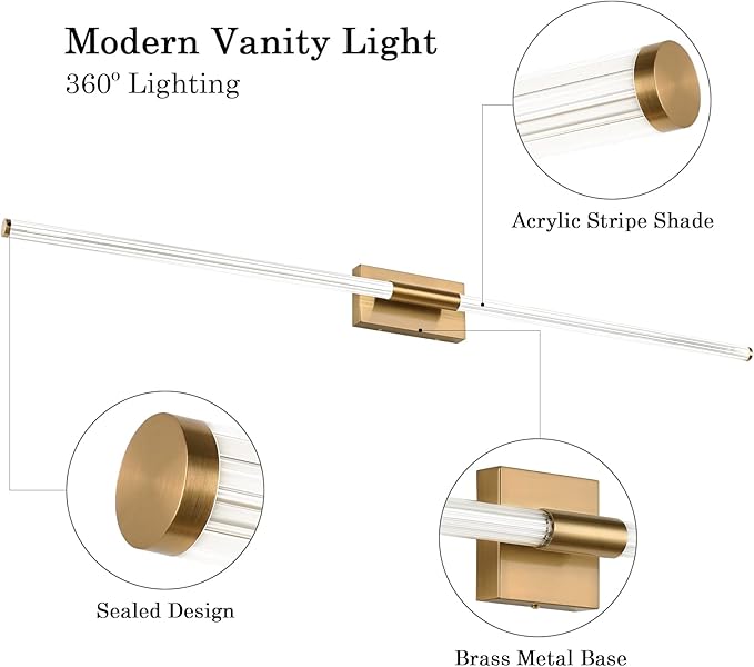 Modern LED Vanity Light, 360° Full Lighting Bathroom Light Fixture Over Mirror, 42W 5500K Cool White, Hardwired Wall Sconce, 59 Inch, Brass