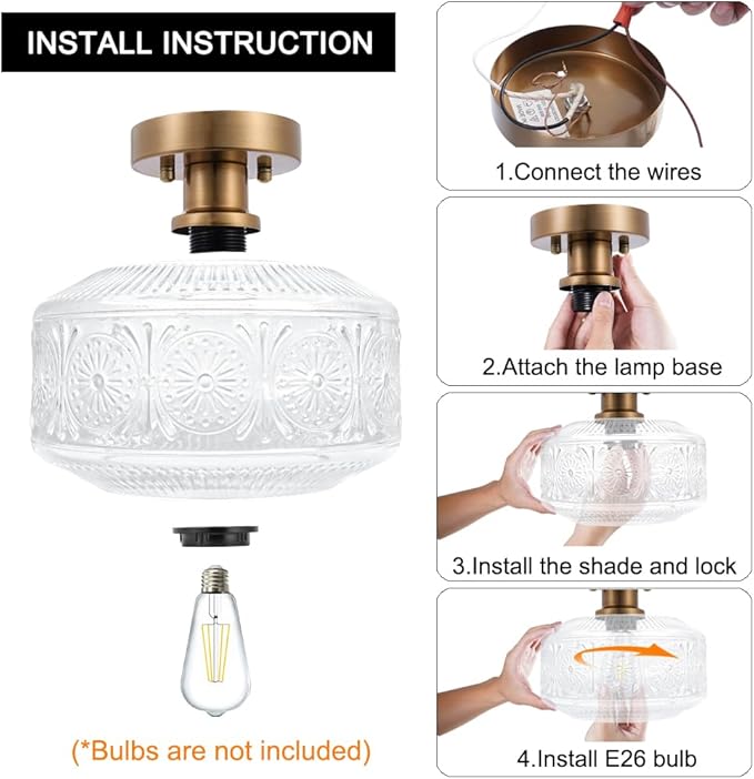 DSMJFU Semi Flush Mount Ceiling Light, Vintage Small Ceiling Light Fixture, Thickened Glass Hallway Lighting Fixture, Brass Kitchen Ceiling Mount Light for Entry Way, Bedroom, Bathroom, Porch