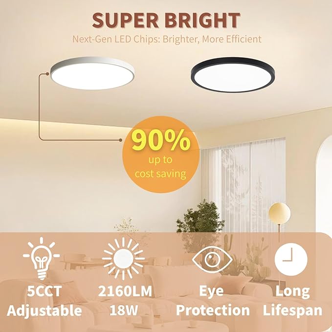 LED Flush Mount Ceiling Light Fixtures, 8.66 Inch, 2700K 3500K 4000K 5000K 6500K CCT Selectable, 18W 2160LM, Flat LED Ceiling Lights for Bedroom Kitchen Hallway Closet Laundry, Black