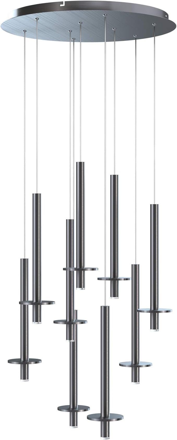 Draco 9 Pendant Lighting Nickel – LED Hanging Light Fixture for Kitchen Island, Bar, Foyer – Equilateral Cluster of Mini Metal Rod Pipe Tube Cylinders – Dimmable, Adjustable Wire, Lamp Bulb Included