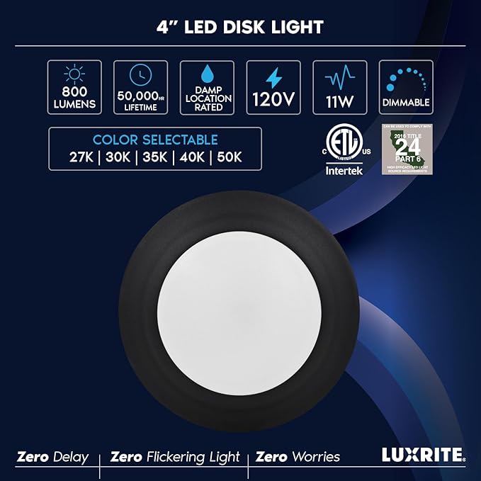 LUXRITE 4 Inch LED Disk Lights, Dimmable Flush Mount Ceiling Light, 5CCT Selectable 2700K 3000K 3500K 4000K 5000K, 11W, 800LM, Surface Mount Light Fixture, Damp Rated, ETL, Black (4 Pack)
