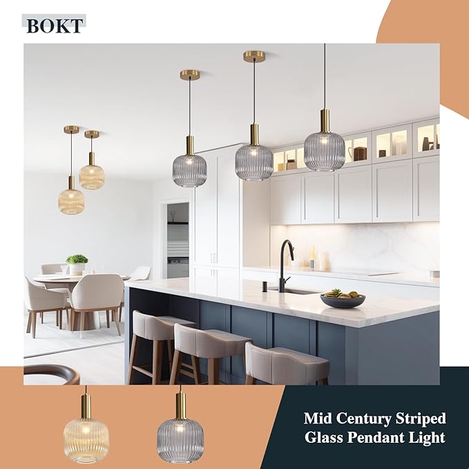 BOKT Modern Smoke Gray Glass Pendant Light 2-Pack Kitchen Island Globe Striped Pendant Lights Farmhouse Adjustable Cord Hanging Light Fixture for Dining Room