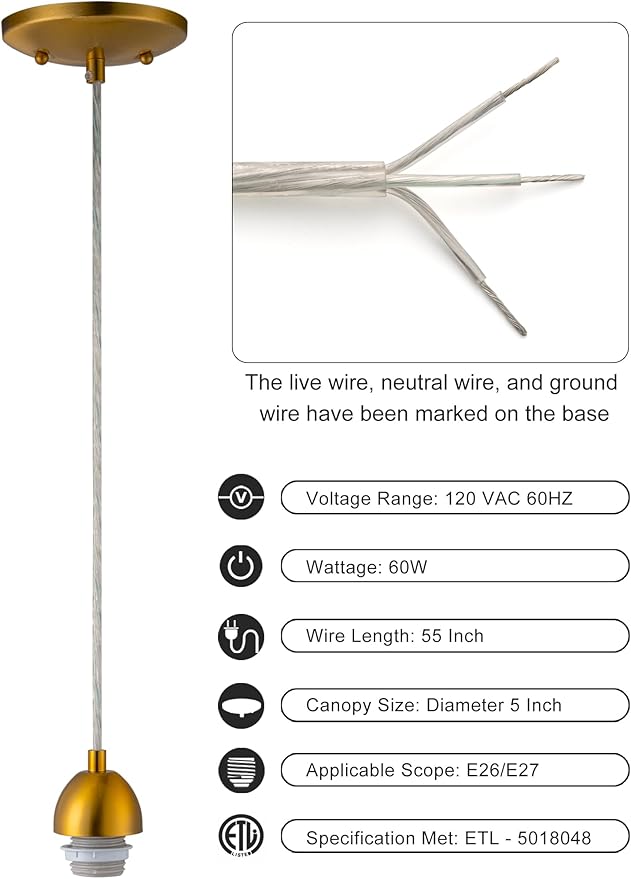 Small Pendant Light Kit - Gold, Single Island Lights for Kitchen, DIY Make Modern & Farmhouse Pendant Lights, Hanging Light Fixtures Ceiling Mount, Adjustable Height （Shade and Bulb Not Included）