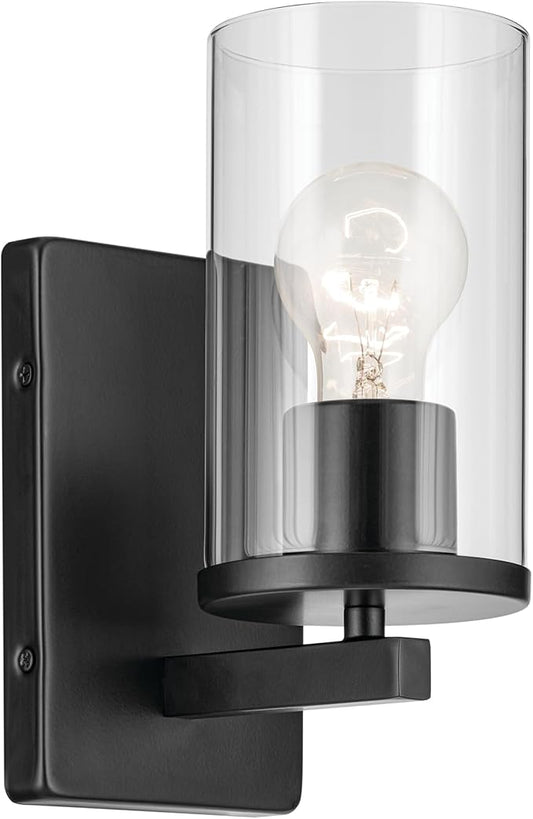 Kichler Crosby 4.5" 1-Light Wall Sconce Bathroom Vanity Light Fixture with Satin Etched Cased Opal Glass in Black for Bathroom, Powder Room, Hallway (4.5" x 9.25"), 45495BKCLR