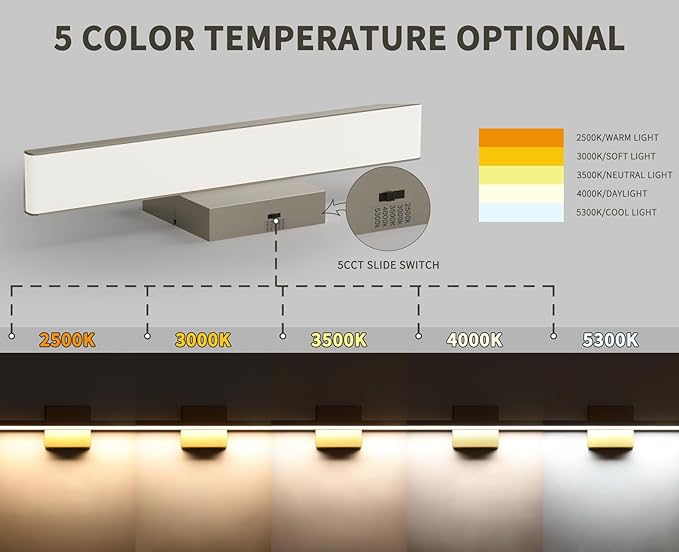 JUSHENG Brushed Nickel Modern LED Vanity Lights for Bathroom Light Fixtures, 16 Inch 16W 5CCT Dimmable Vanity Light Bar Bathroom Lighting, ETL Certificated