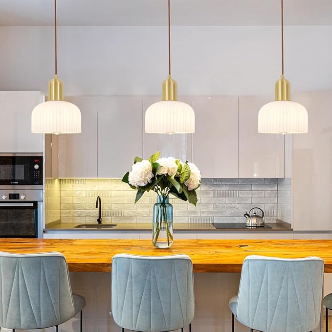 Vintage Pendant Light, Kitchen Island Lighting with Milky White Glass, Farmhouse Ribbed Glass Pendant Light Fixture, Minimalist Ceiling Lamp, Adjustable Hanging Light for Bedroom Dining Room Hallway