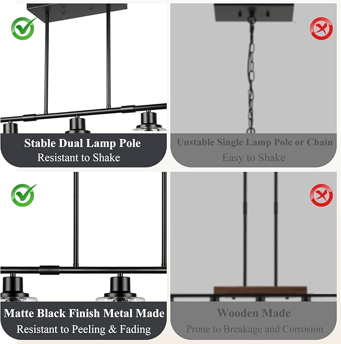 Dining Room Light Fixture Over Table, 5-Light Kitchen Island Lighting Hanging, Farmhouse Linear Chandelier for Dining Room, Matte Black Pendant Light Fixtures with Clear Glass Shade for Kitchen Island